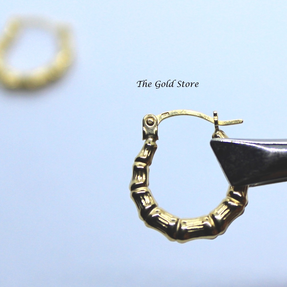 Solid Yellow Gold 10k Bamboo Hoops - Picture 4 of 7